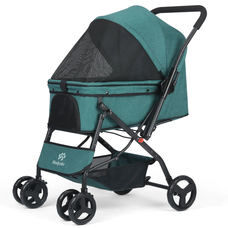 Dog Stroller- Pet Stroller for Medium Size Dogs with Poop Bags- Reversible Handlebar- Tethers- Storage Basket and Pouch-Pet Strollers